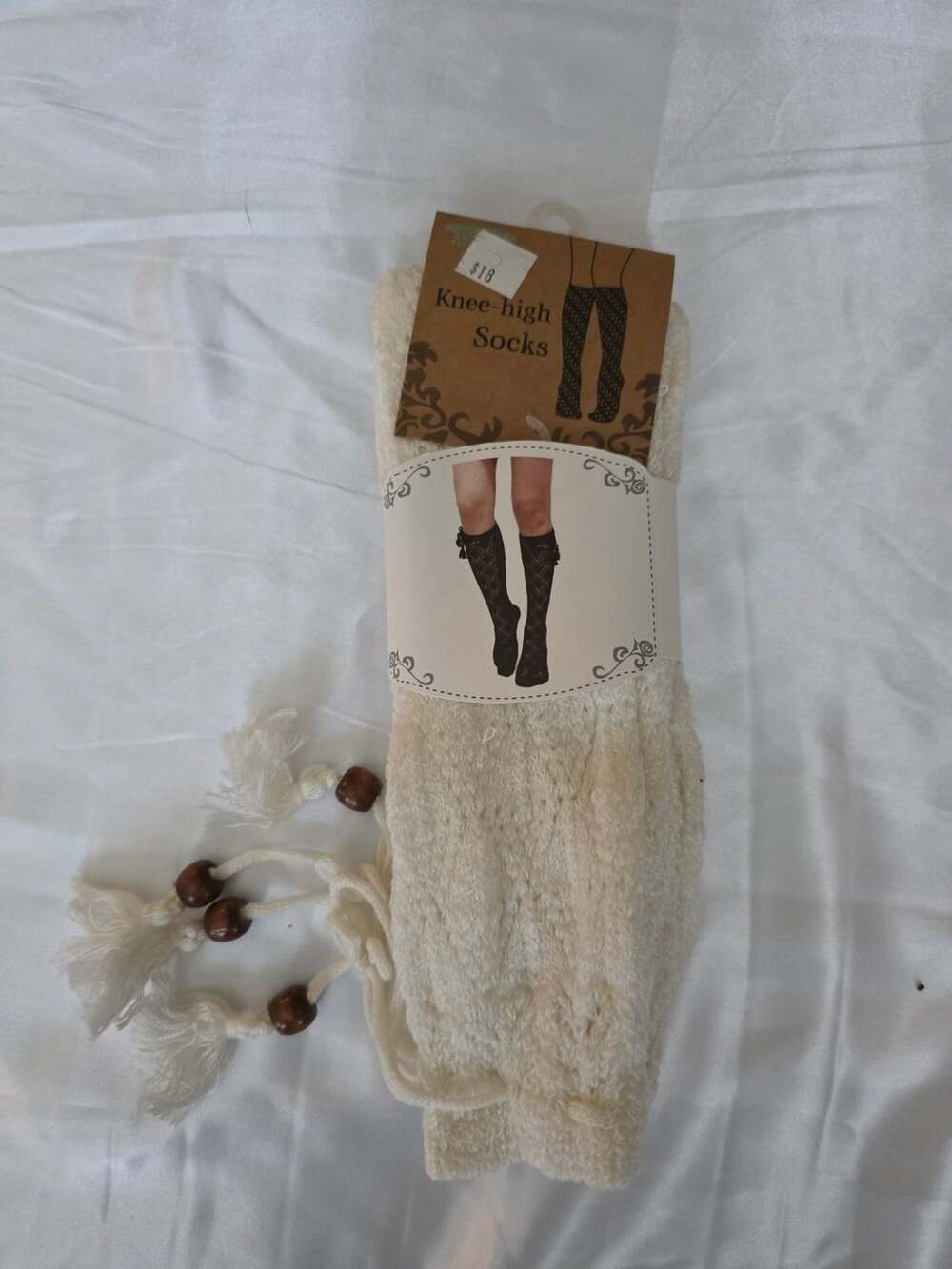 NWT Knee-High Socks Acrylic Spandex Ivory Knit With Tassels And Beads